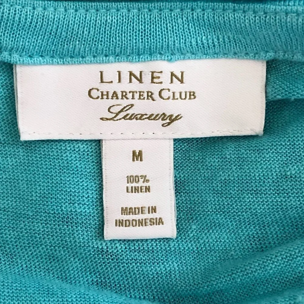 Charter Club Luxury Linen Top Women's size M Aqua Blue Short Sleeve NEW - Picture 2 of 6